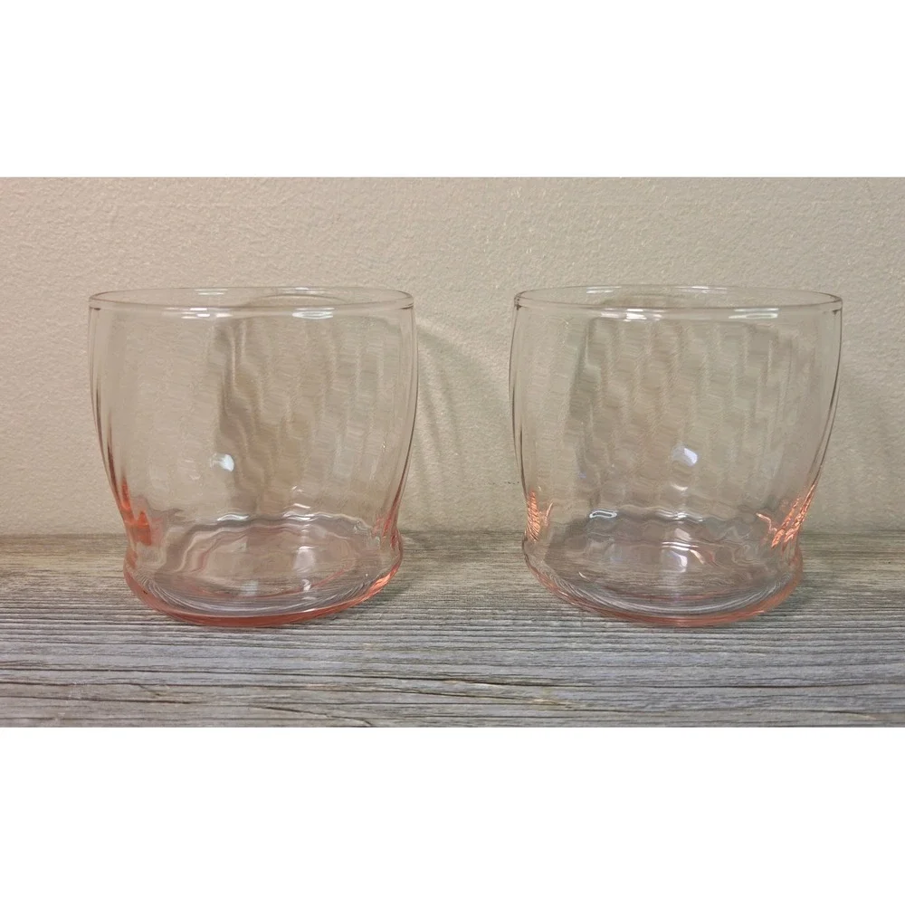 Vintage Pink Glass Tumblers Set 2 Wavy Optic Ripple Juice Water Drinking Glasses